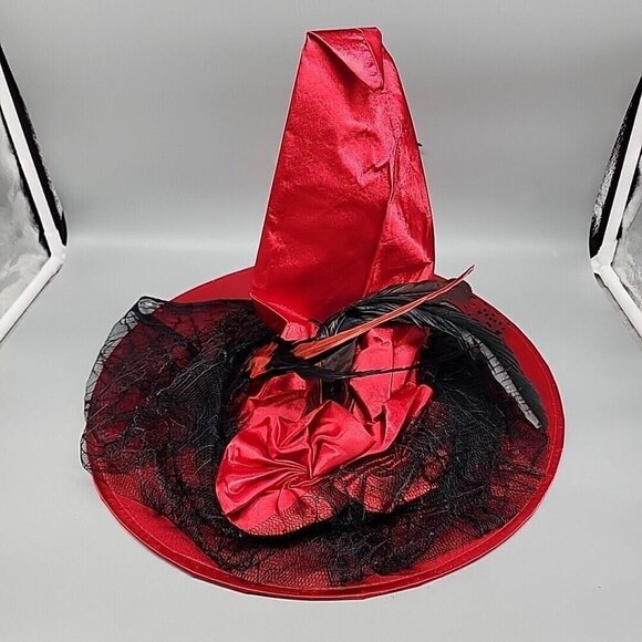 Red And Black Witch Wide Brim Hat with Feathers & Veil Cap - One Size Costume - Picture 1 of 5